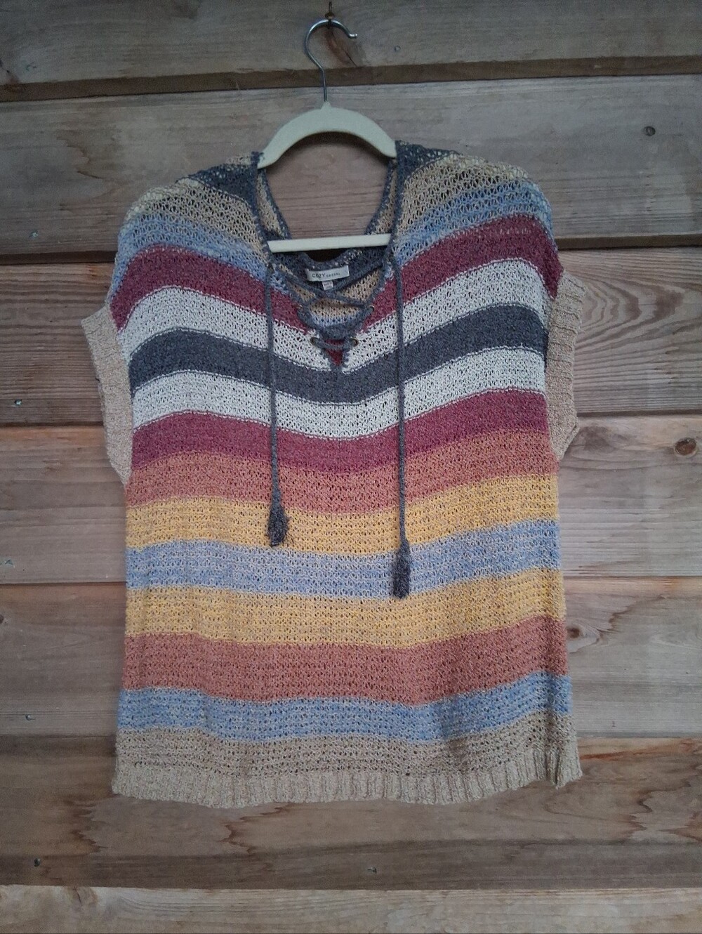 Cozy Casual Open Knit Lace Up Vneck Sleeveless Sweater